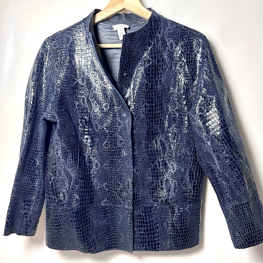 Chico's Jacket Kimberly Reversible Midnight Lava Leather Animal Snake Print M